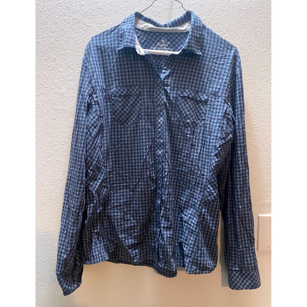 KUHL Ezra Women's Lge Long Sleeve Button Up Gingham Blue Plaid Shirt Performance